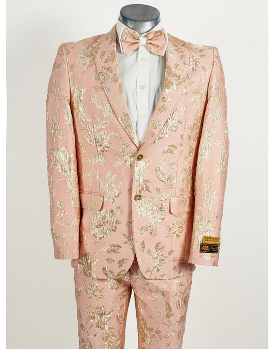 Mens 2 Button Light Pink & Gold Foil Floral Paisley Prom & Wedding Tuxedo - Men's Tuxedo USA