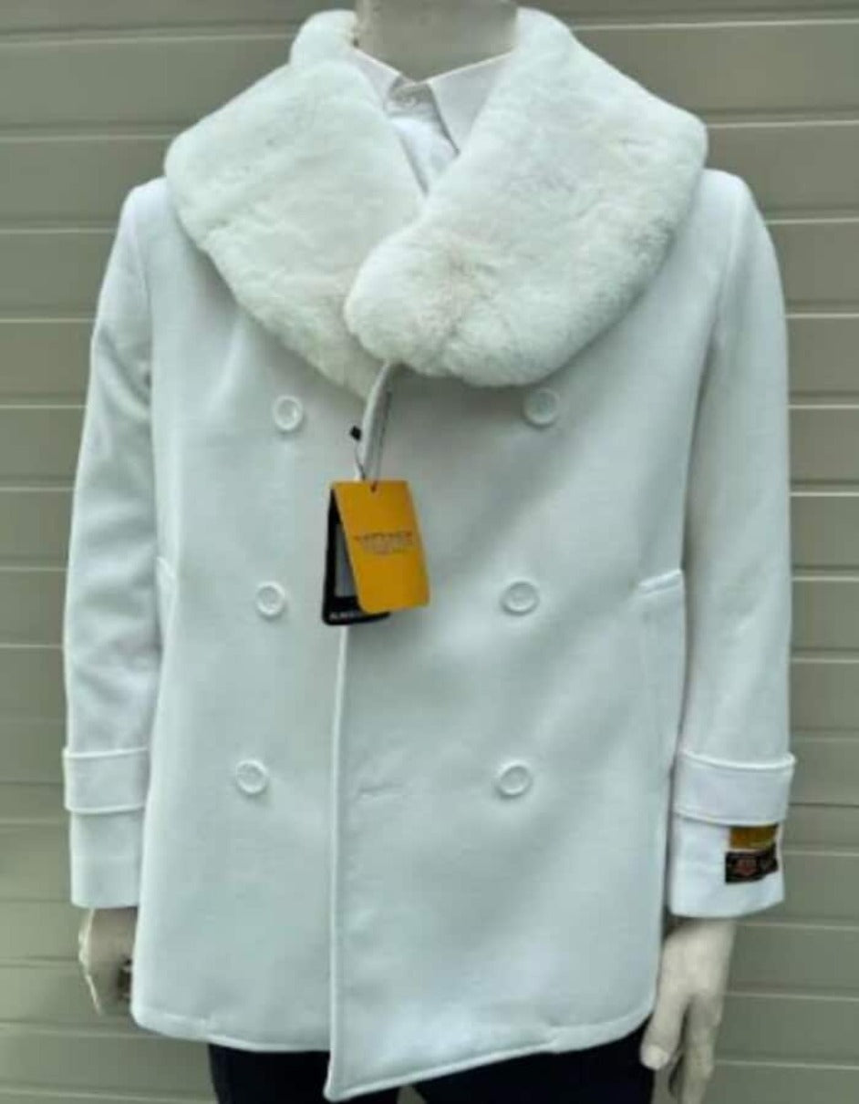 Mens Pea coats With Fur Collar - Wool White Peacoats - Men's Tuxedo USA