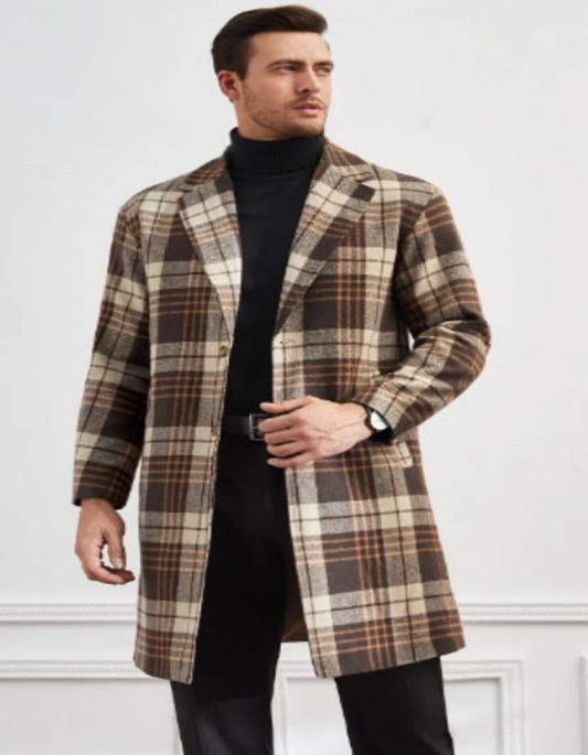 Mens Overcoat - Topcoat For Men - Winter Fabric-Men Plaid Lapel Neck Slant Pockets Overcoat - Men's Tuxedo USA