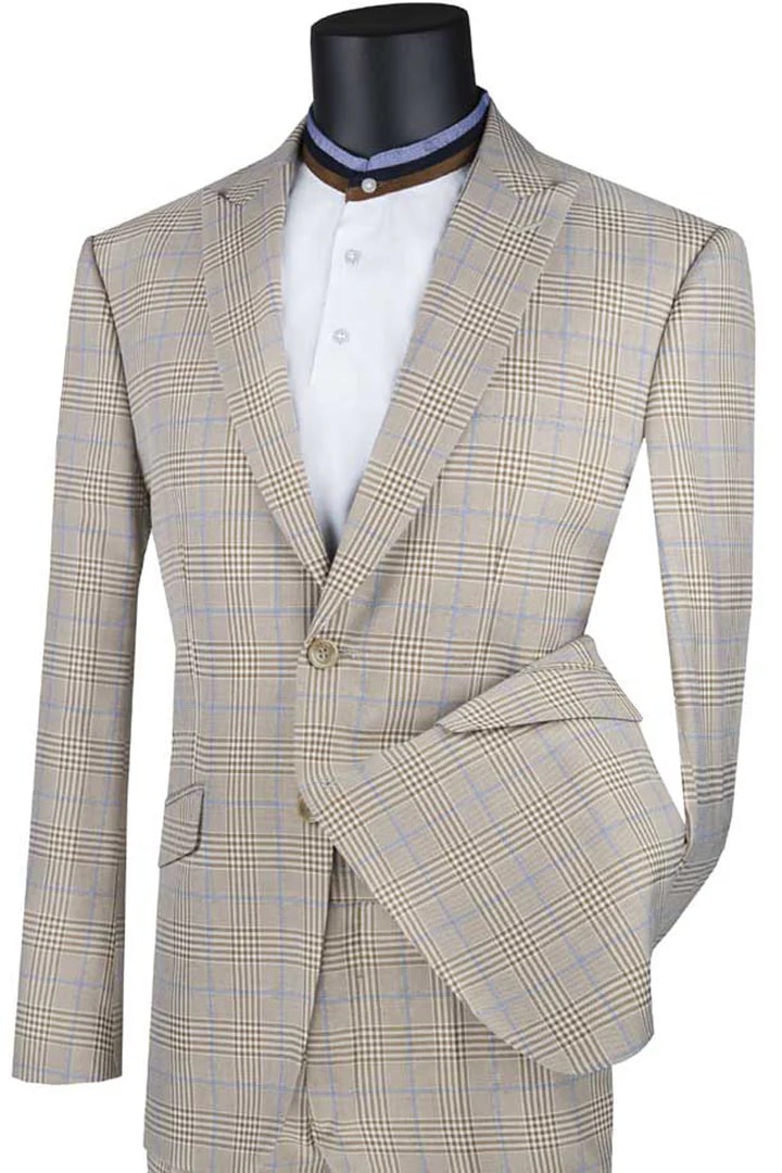 Mens 2 Button Modern Fit Peak Lapel Plaid Suit in Tan - Men's Tuxedo USA