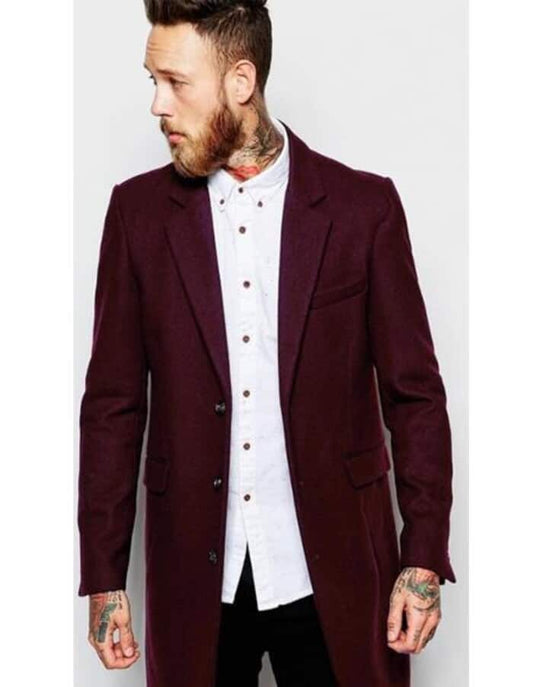 Wool Burgundy ~ Wine Chest Pocket Car Coat ~ Designer men's Wool Peacoat Sale - Men's Tuxedo USA