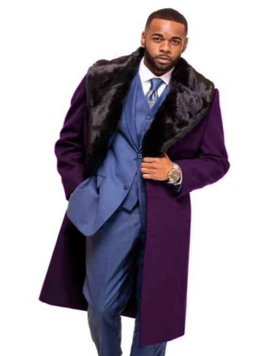 Purple Overcoat ~ Long men's Dress Topcoat - Winter coat With Fur Collar And Wool Fabric - Men's Tuxedo USA