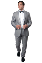 Mens Gray Tuxedo - Grey Wedding Suit-Mens Slim Fit One Button Satin Trim Peak Lapel Prom & Wedding Tuxedo In Light Grey - Men's Tuxedo USA