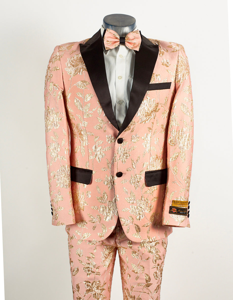 Mens 2 Button Light Baby Pink & Gold Floral Paisley Tuxedo Tuxedo - Men's Tuxedo USA