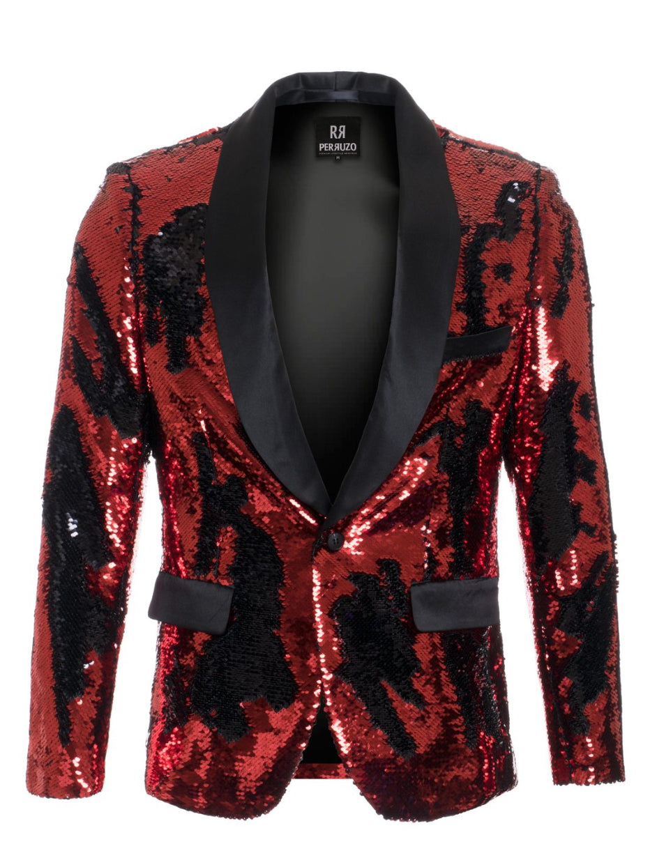 1 Button Reversible Sequin Blazer In Red and Black - Men's Tuxedo USA