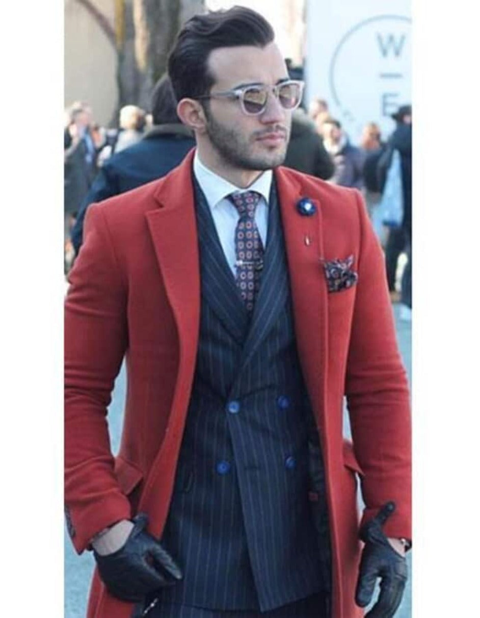 Red Trench Coat - Long Red Coat - Mens Red Peacoat - Mens Red Overcoat - Wool Fabric - Men's Tuxedo USA