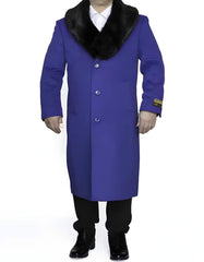 Removable Fur Collar Full Length Ankle length Wool Dress Top Coat / Overcoat In Royal Blue - Mens Overcoat - Men's Tuxedo USA