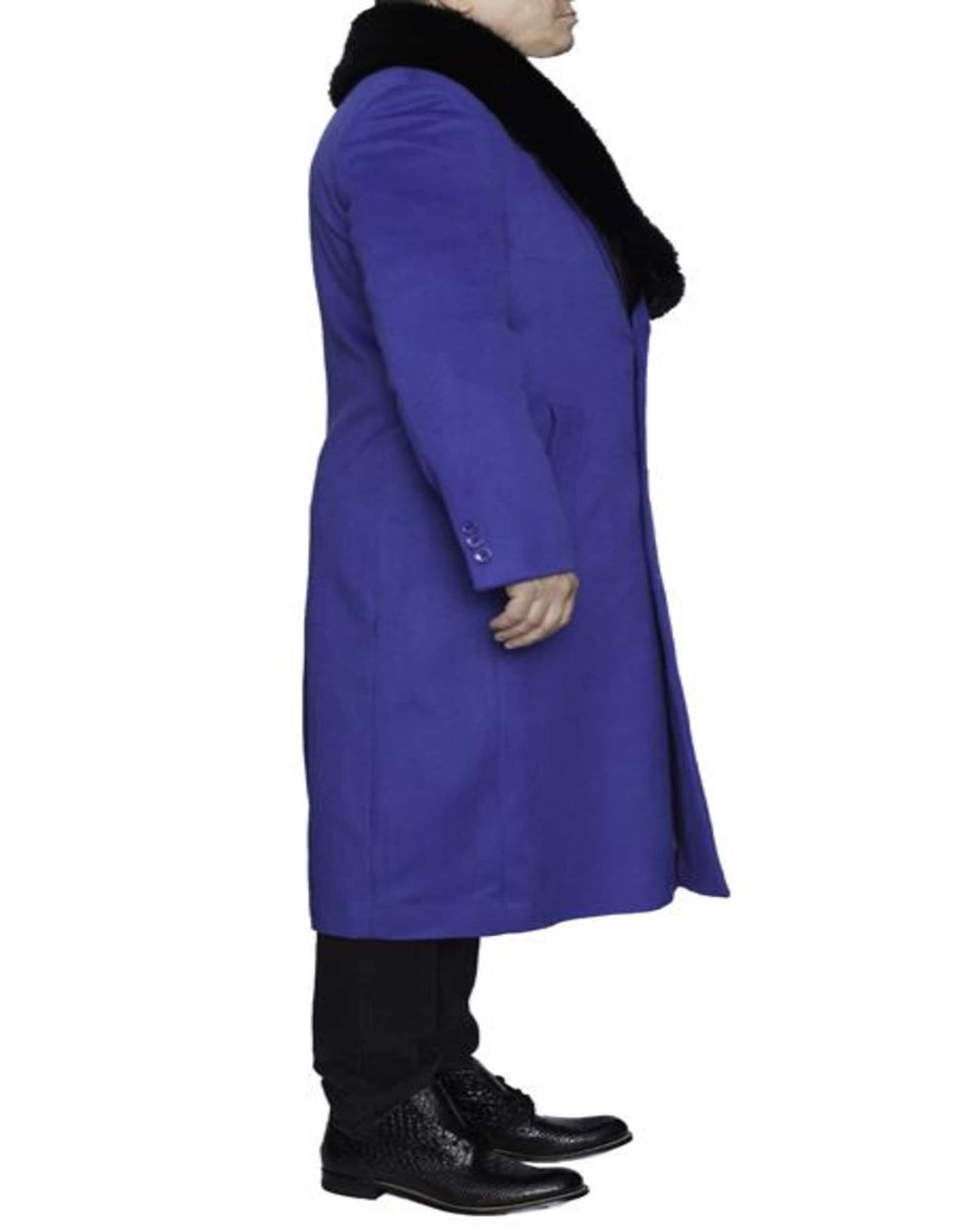 Removable Fur Collar Full Length Ankle length Wool Dress Top Coat / Overcoat In Royal Blue - Mens Overcoat - Men's Tuxedo USA