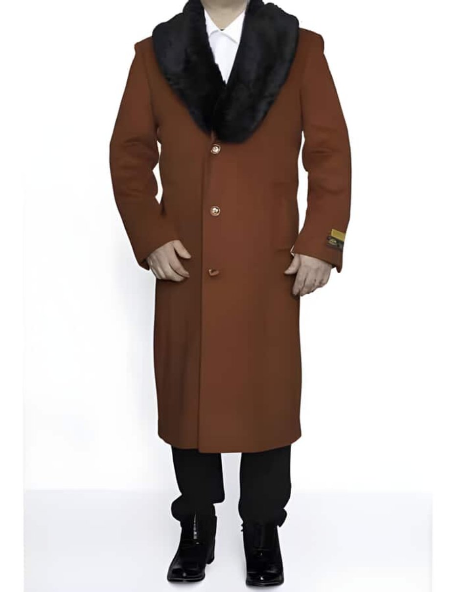 Rust Removable Fur Collar Full Length Wool Ankle length Dress Top Coat/Overcoat - Mens Overcoat - Men's Tuxedo USA