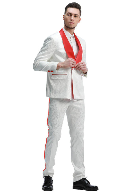 Men's Slim Fit Double Breasted Paisely Smoking Jacket Prom & Wedding Tuxedo In White & Red - Men's Tuxedo USA