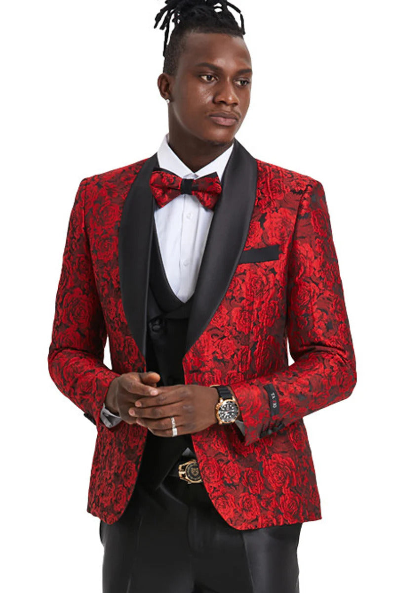 Men's One Button Slim Fit Shiny Paisely Floral Vested  Prom Tuxedo In Red - Men's Tuxedo USA