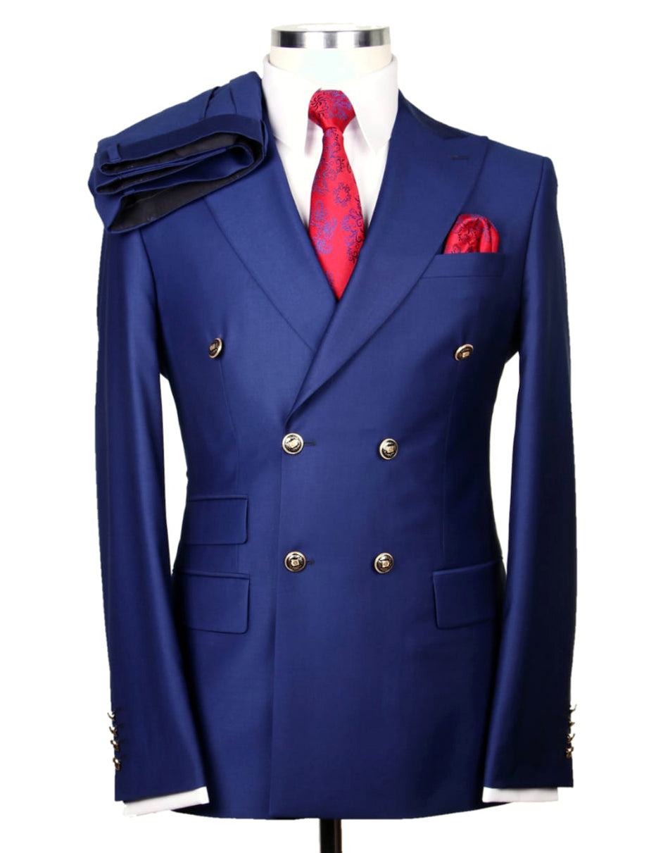 Mens Designer Modern Fit Double Breasted Wool Suit with Gold Buttons in Indigo Blue - Men's Tuxedo USA