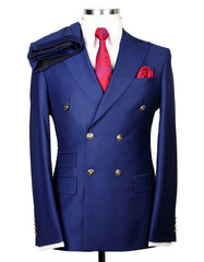 Mens Designer Modern Fit Double Breasted Wool Suit with Gold Buttons in Indigo Blue - Men's Tuxedo USA