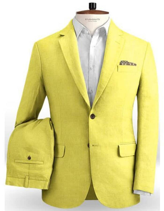 Linen Suit - Mens Summer Suits Safari Yellow Color - Beach Wedding - Men's Tuxedo USA