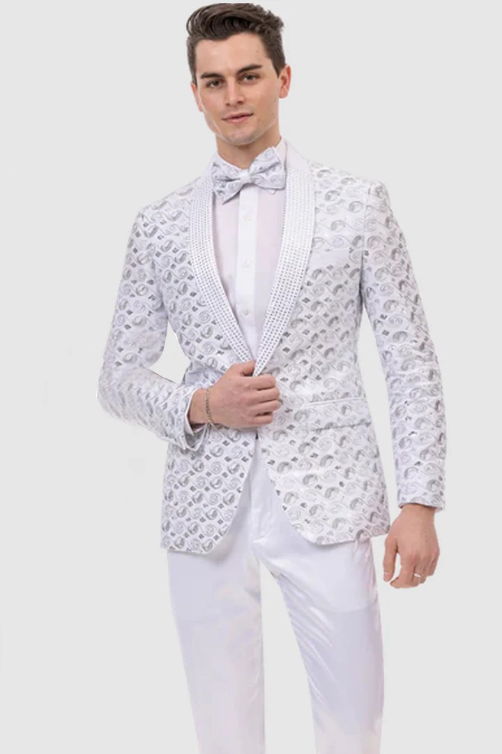 All White Mens Tuxedo -  Wedding Suit - Mens Modern Silver Sequin Swirl Prom Tuxedo Jacket In White - Men's Tuxedo USA