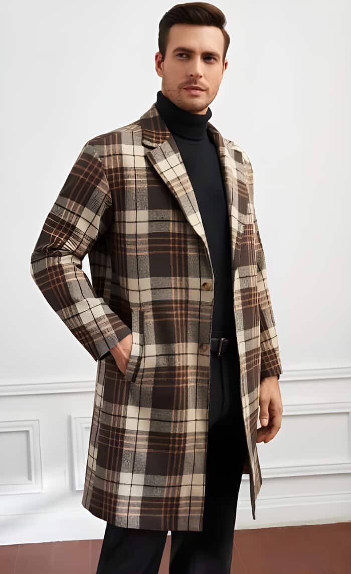 Mens Overcoat - Topcoat For Men - Winter Fabric-Men Plaid Lapel Neck Slant Pockets Overcoat - Men's Tuxedo USA