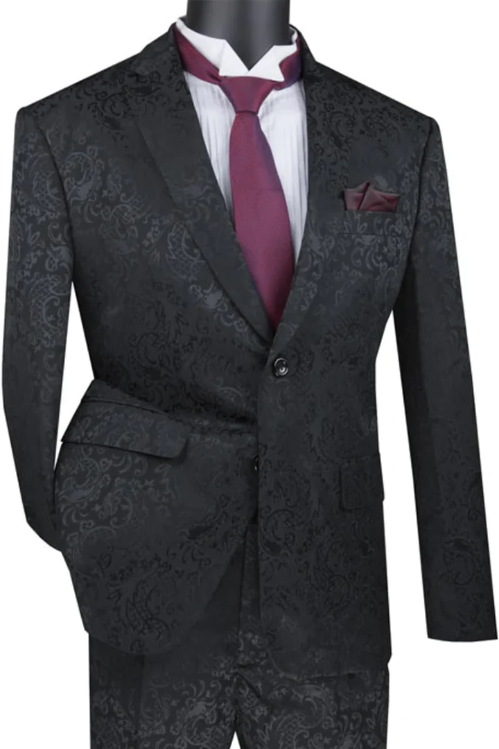 Men's Slim Fit Shiny Paisley Prom & Wedding Suit In Black - Men's Tuxedo USA