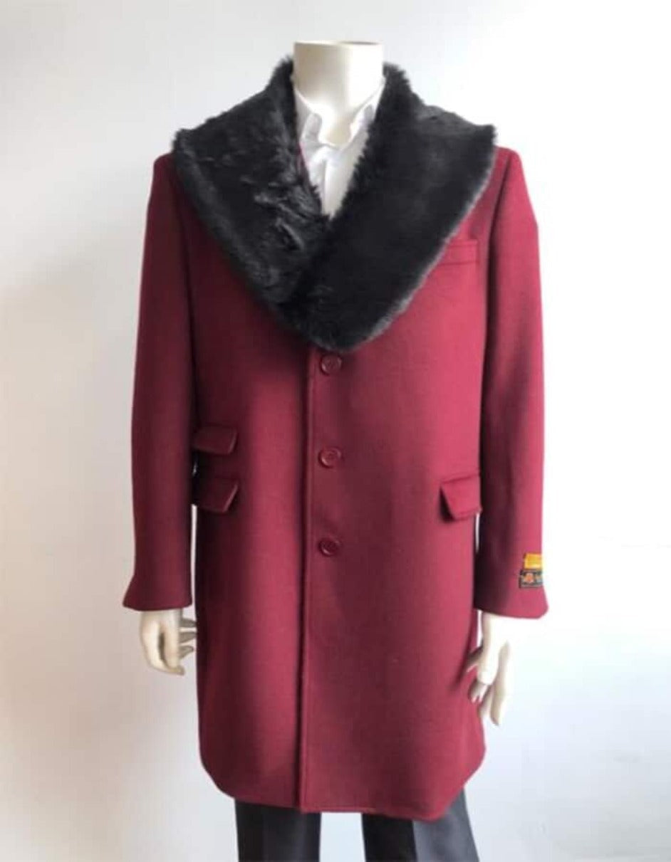 Ticket Pocket Designer Wool Peacoat Sale ~ Wool men's Car Coat Mid Length Three quarter length coat ~ Overcoat With Fur Collar Burgundy Long Jacket - Men's Tuxedo USA