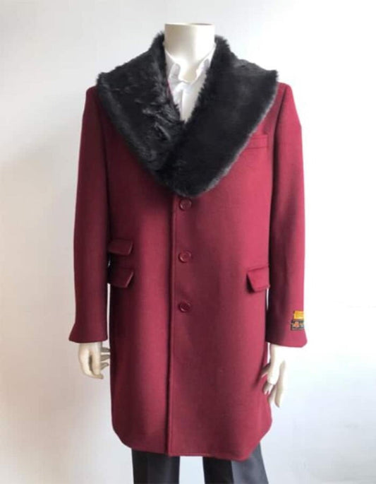 Ticket Pocket Designer Wool Peacoat Sale ~ Wool men's Car Coat Mid Length Three quarter length coat ~ Overcoat With Fur Collar Burgundy Long Jacket - Men's Tuxedo USA