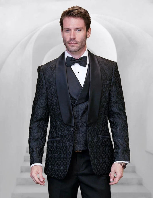 Statement Suit - Statement Italy Suit - Wool Suit - Statement Men's 3 Piece Wool Tuxedo - Deep Shawl Lapel - Men's Tuxedo USA