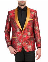 Mens One Button Floral Tuxedo Dinner Jacket in Red & Gold - Men's Tuxedo USA