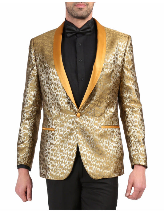 Mens One Button Geometric Print Tuxedo Dinner Jacket in Gold - Men's Tuxedo USA