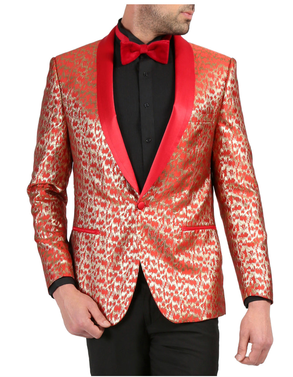 Mens One Button Geometric Print Tuxedo Dinner Jacket in Red - Men's Tuxedo USA