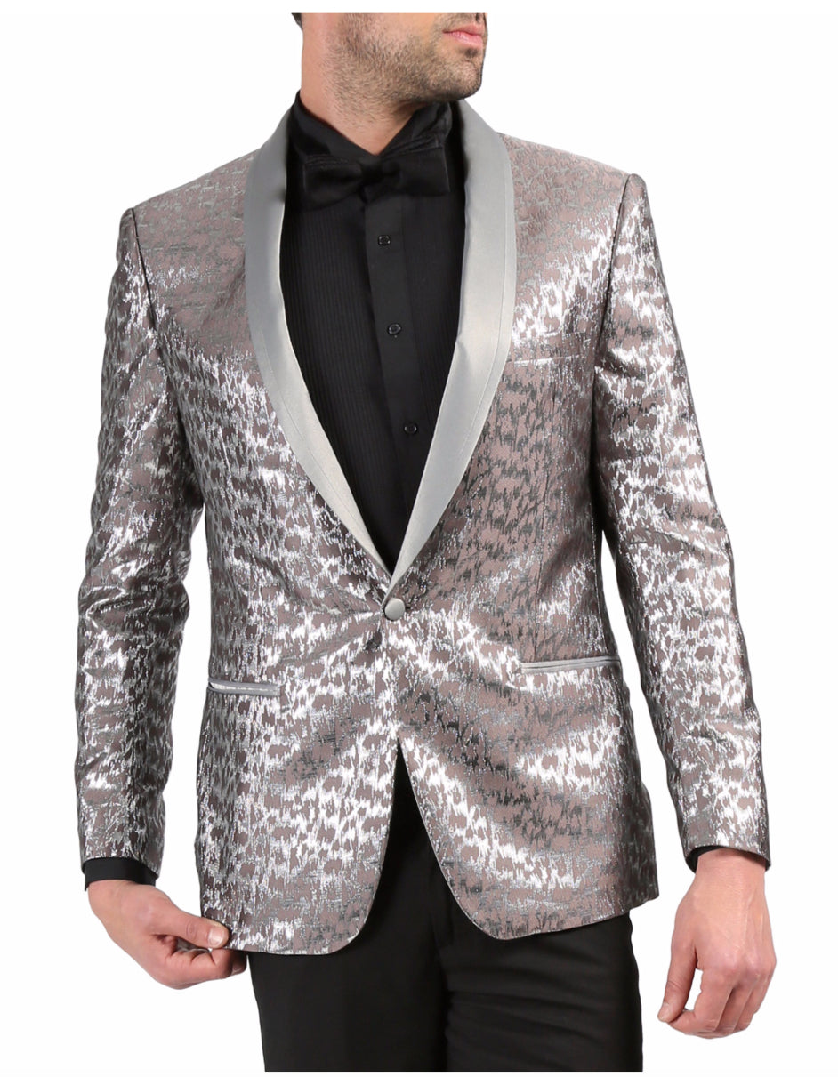 Mens One Button Geometric Print Tuxedo Dinner Jacket in Silver - Men's Tuxedo USA