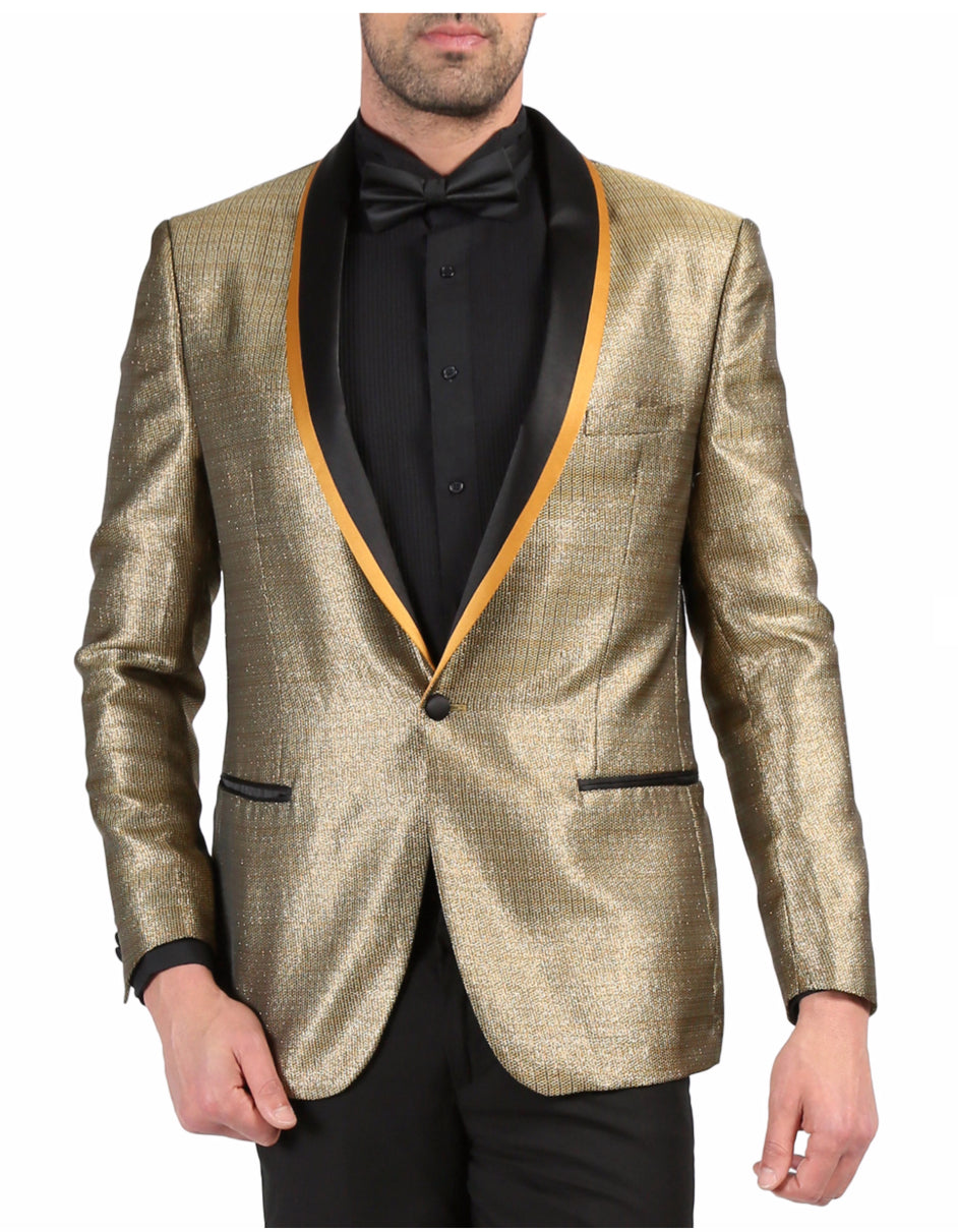 Mens One Button Geometric Print Tuxedo Dinner Jacket in Gold & Black - Men's Tuxedo USA