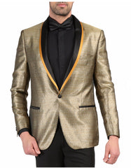 Mens One Button Geometric Print Tuxedo Dinner Jacket in Gold & Black - Men's Tuxedo USA