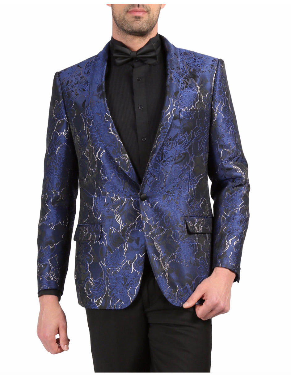 Mens One Button Floral Tuxedo Dinner Jacket in Blue - Men's Tuxedo USA