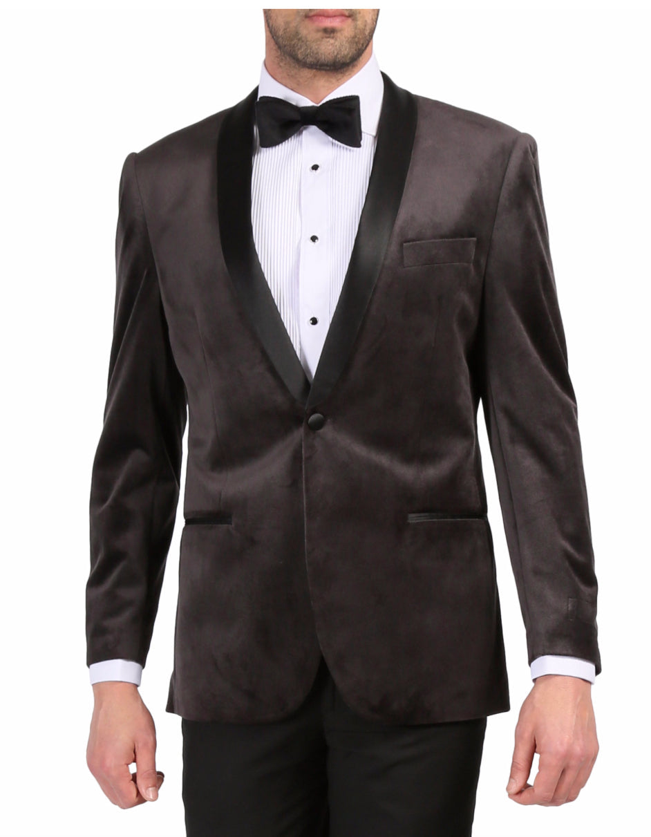 Mens 1 Button Velvet Tuxedo Dinner Jacket in Grey - Men's Tuxedo USA