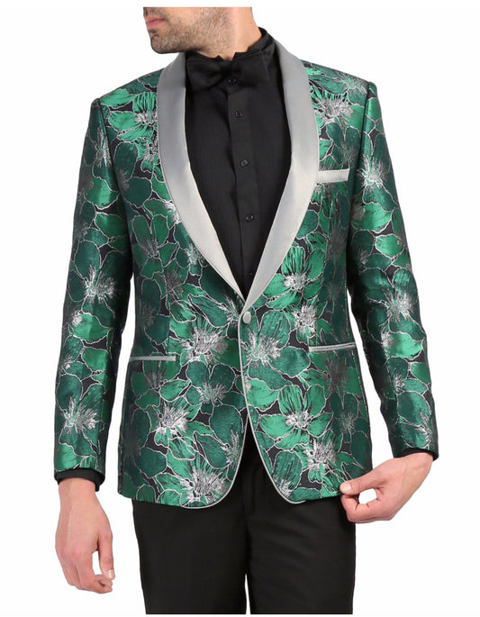 Mens One Button Floral Tuxedo Dinner Jacket in Green & Silver - Men's Tuxedo USA