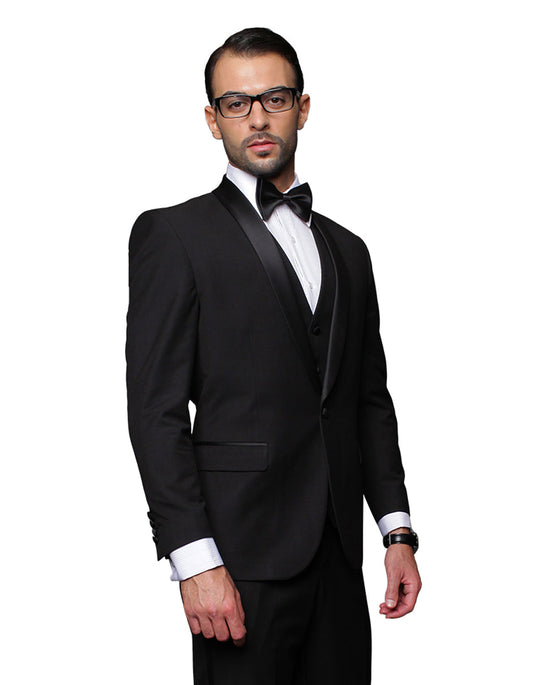 Mens 1 Button Shawl Lapel Vested Wool Tuxedo in Black - Men's Tuxedo USA