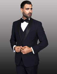 Mens 1 Button Shawl Lapel Vested Wool Tuxedo in Navy Blue - Men's Tuxedo USA