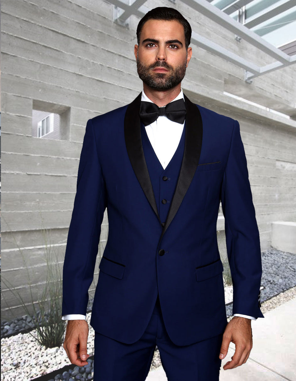 Mens 1 Button Shawl Lapel Vested Wool Wedding - Prom Tuxedo in Sapphire Blue - Mens Slim Fitted Tuxedo - Men's Tuxedo USA