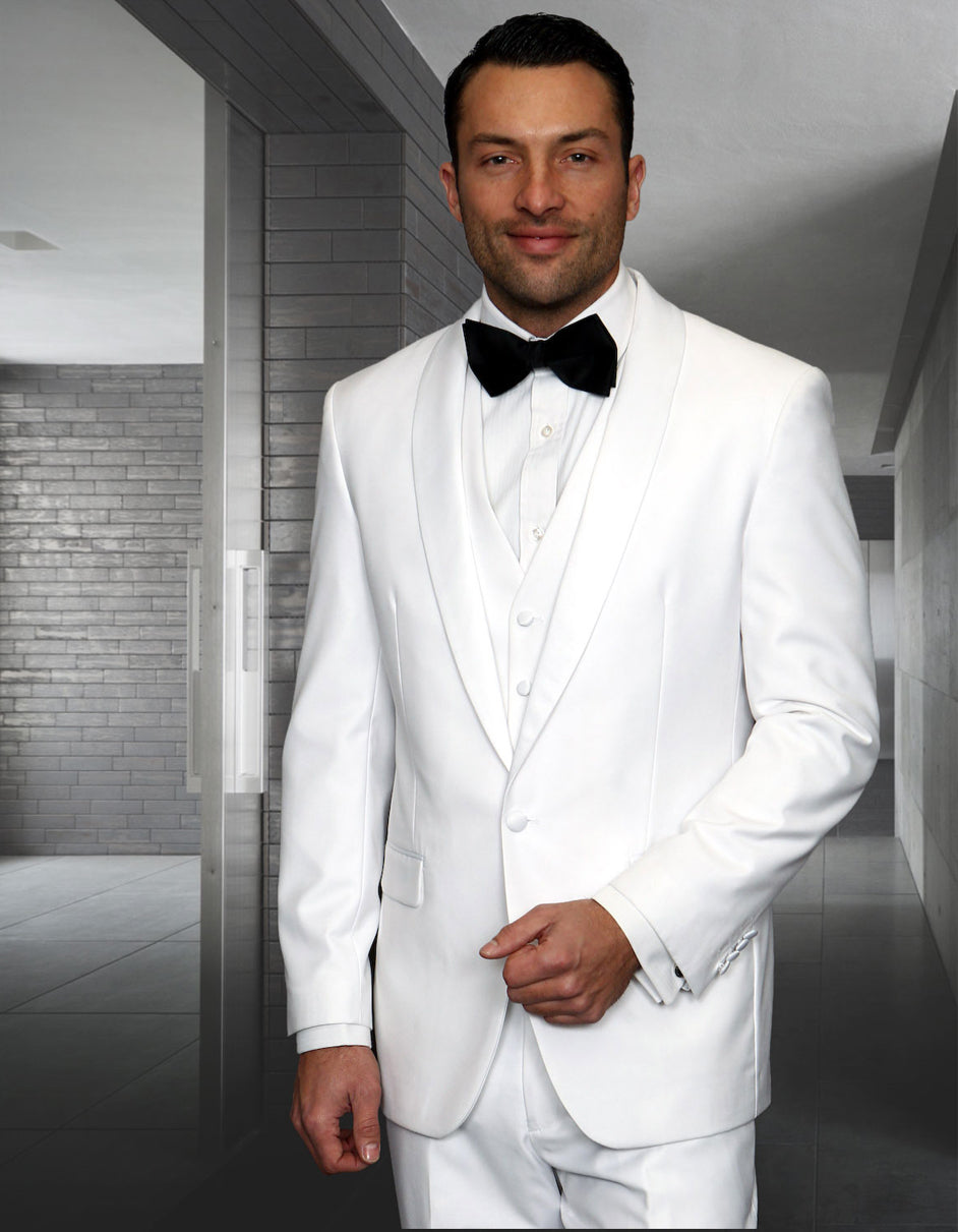 Mens 1 Button Shawl Lapel Vested Wool Tuxedo in White - Mens Slim Fitted Tuxedo - Men's Tuxedo USA