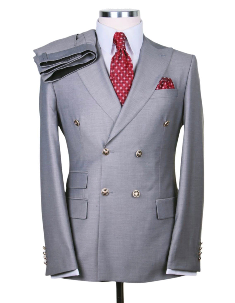 Mens Designer Modern Fit Double Breasted Wool Suit with Gold Buttons in Light Grey - Men's Tuxedo USA