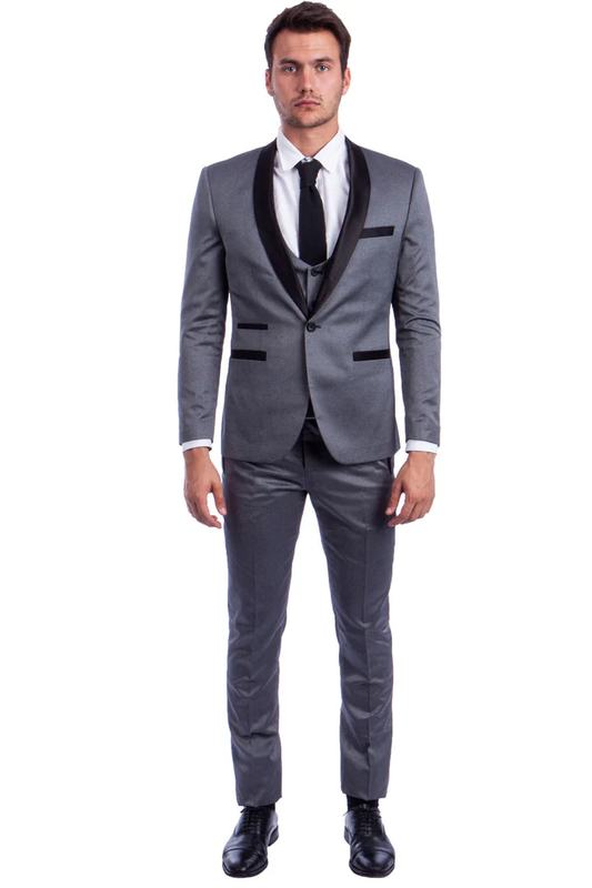 Mens Gray Tuxedo - Grey Wedding Suit-Mens One Button Low Cut  Vested Shawl Tuxedo In Grey - Men's Tuxedo USA