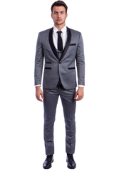 Mens Gray Tuxedo - Grey Wedding Suit-Mens One Button Low Cut  Vested Shawl Tuxedo In Grey - Men's Tuxedo USA