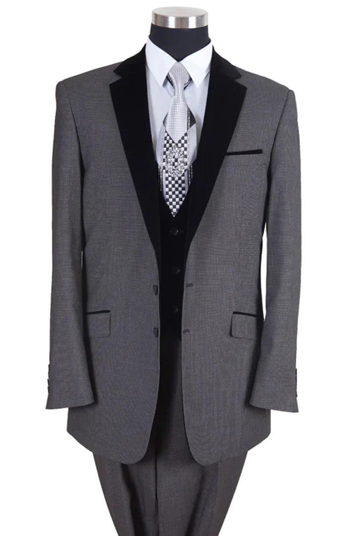 Mens Gray Tuxedo - Grey Wedding Suit-Mens Vested Modern Fit Tuxedo Suit In Grey With Black Velvet Lapel And Vest - Men's Tuxedo USA