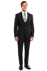 Men's One Button Peak Lapel Skinny Wedding  Prom Suit with Lowcut Vest in Black - Men's Tuxedo USA