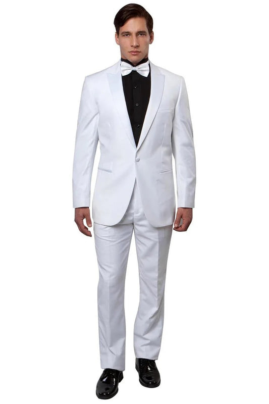 All White Mens Tuxedo -  Wedding Suit - Men's Slim Fit One Button Peak Lapel Wedding Tuxedo In White - Men's Tuxedo USA