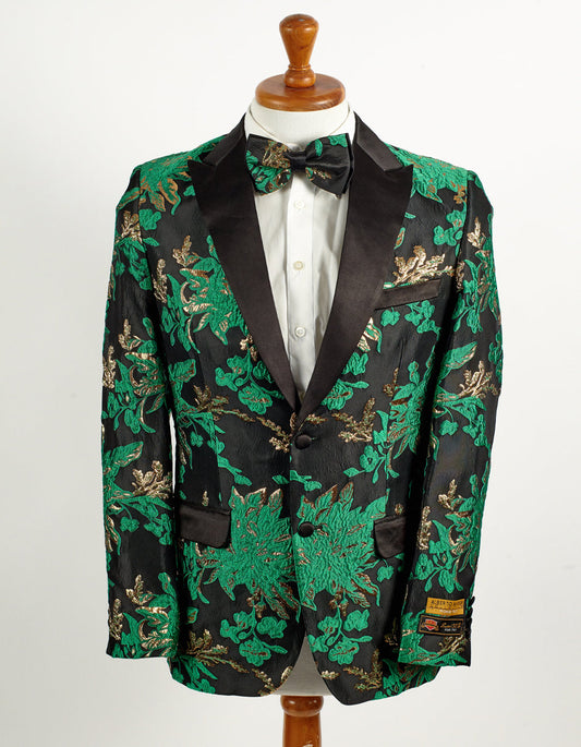 Mens 2 Button Hunter Green, Gold, & Black Floral Paisley Tuxedo Blazer - Men's Tuxedo USA