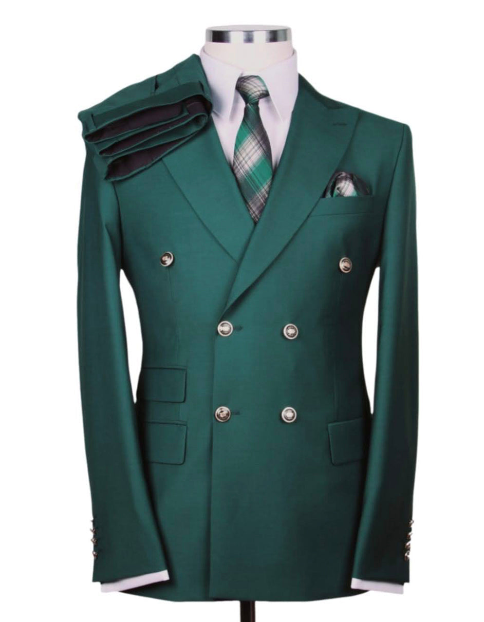 Mens Designer Modern Fit Double Breasted Wool Suit with Gold Buttons in Hunter Green - Men's Tuxedo USA