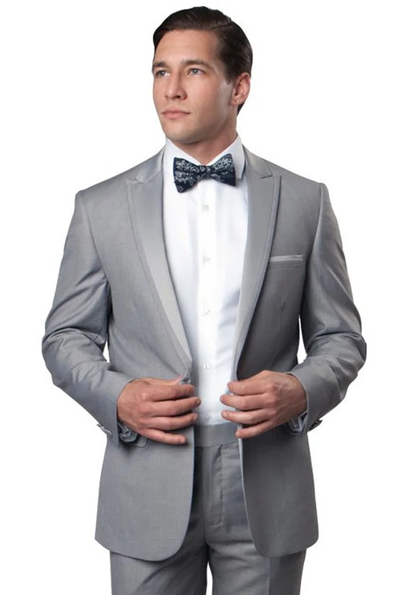 Mens Gray Tuxedo - Grey Wedding Suit-Mens Slim Fit One Button Satin Trim Peak Lapel Prom & Wedding Tuxedo In Light Grey - Men's Tuxedo USA