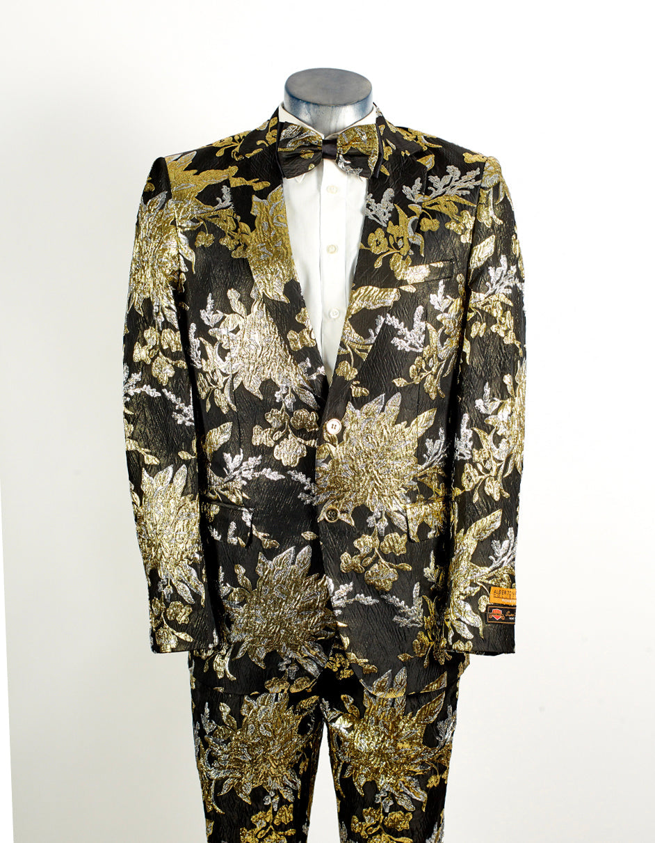 Mens 2 Button Black, Silver, & Gold Foil Floral Paisley Prom and Wedding Tuxedo - Men's Tuxedo USA