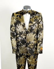 Mens 2 Button Black, Silver, & Gold Foil Floral Paisley Prom and Wedding Tuxedo - Men's Tuxedo USA