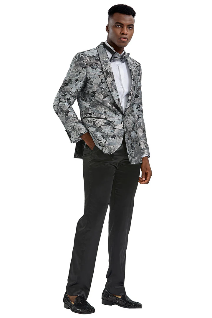 Mens Gray Tuxedo - Grey Wedding Suit-Mens Slim Fit Paisely Prom Tuxedo Jacket In Charcoal & Silver Grey - Men's Tuxedo USA