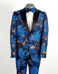 Mens 2 Button Royal Blue and Gold Foil Paisley Tuxedo Tuxedo - Men's Tuxedo USA